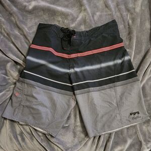 Men's Black and Gray Board Shorts with Red Accents